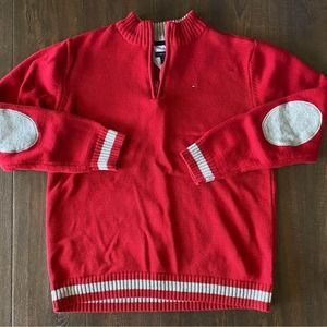 Tommy Hilfiger Boys Knit Red Half Zip Sweater Elbow Patches Boys Size L (16/18)
